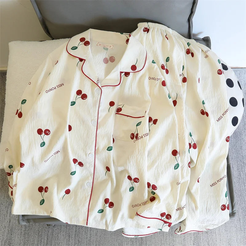 Cherries Print Two Pieces Pajamas Set Autumn