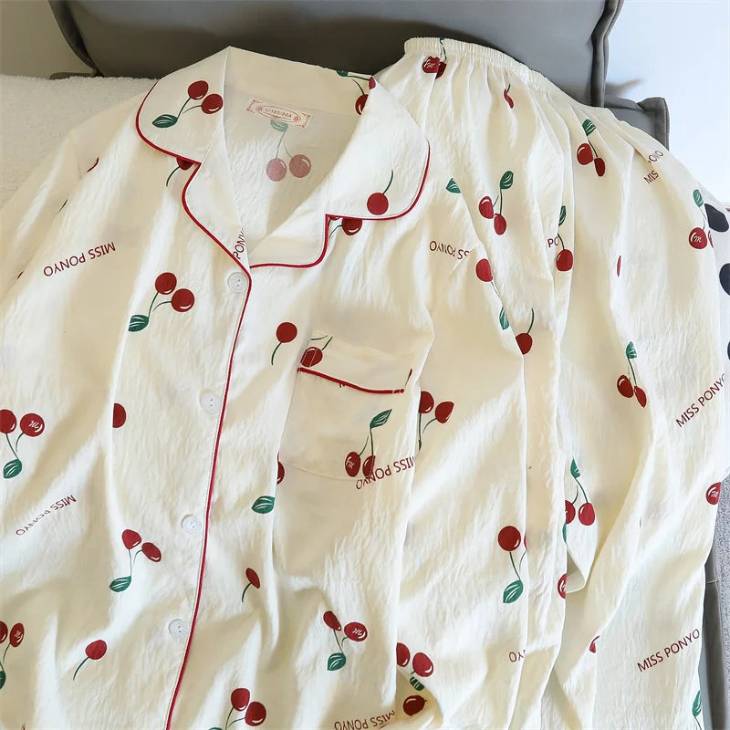 Cherries Print Two Pieces Pajamas Set Autumn